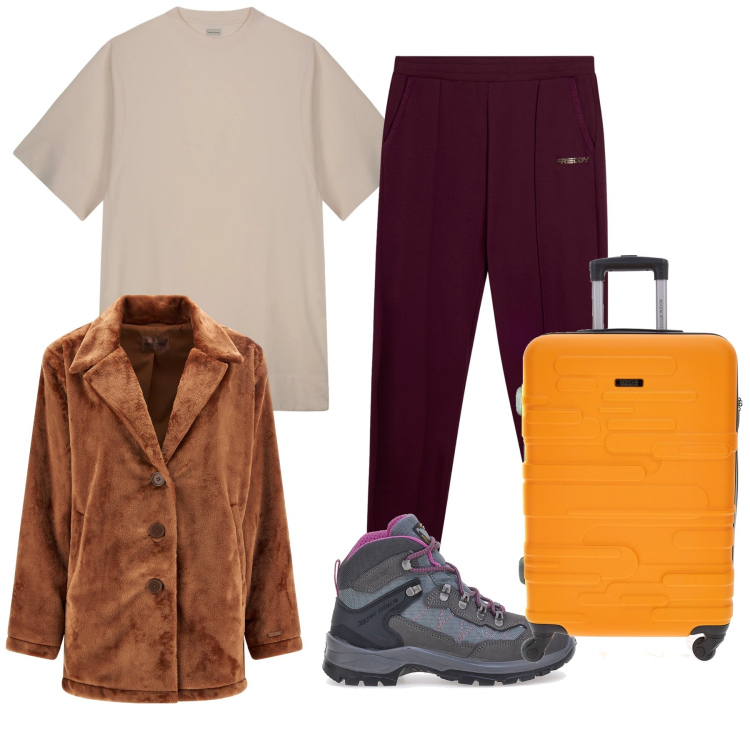 Outfit donna - Un viaggio. Stile Basic per Tutti i giorni. Abbinamento con cappotti, pantaloni, stivaletti, vestiti lunghi, valigie.
