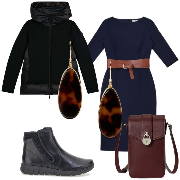 Outfit donna - Abito da ufficio. Stile Urban per Ufficio. Abbinamento con vestiti midi/longuette, piumini, borse a tracolla, orecchini, stivaletti.