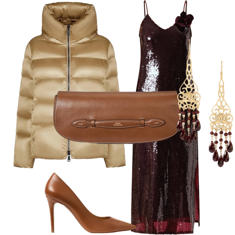 Outfit donna - Il piumino color oro. Stile Glamour per Serata fuori. Abbinamento con vestiti midi/longuette, décolleté, clutch, orecchini, piumini.