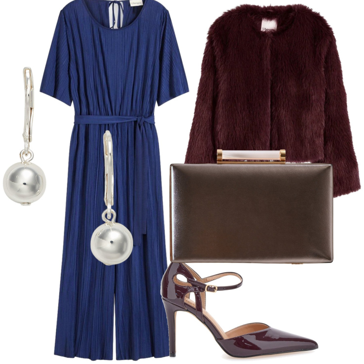 Outfit donna - Al matrimonio. Stile Chic per Cerimonia. Abbinamento con tute, ecopellicce, clutch, orecchini, décolleté.