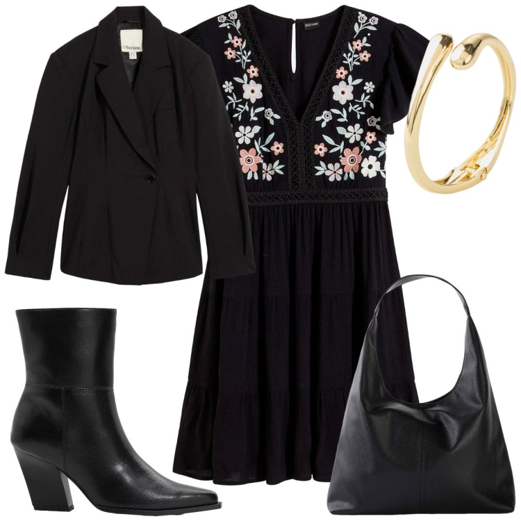 Outfit donna - Bonprix Black Romance romantica. Stile Romantica per Serata fuori. Abbinamento con vestiti, shopping bag, braccialetti, stivaletti, blazer.