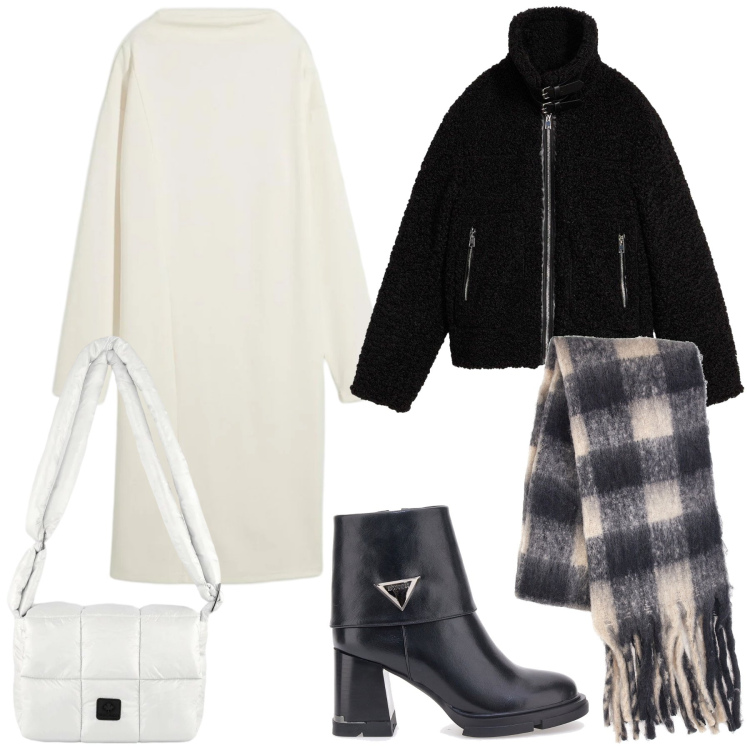 Outfit donna - Ufficio bianco e nero. Stile Urban per Ufficio. Abbinamento con vestiti midi/longuette, ecopellicce, borse a spalla, sciarpe, stivaletti.