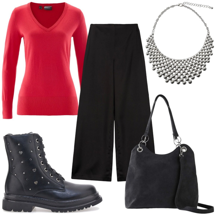 Outfit donna - Gift of Style : un maglione per te. Stile Trendy per Serata fuori. Abbinamento con maglieria, borse a mano, collane, pantaloni a palazzo, anfibi.