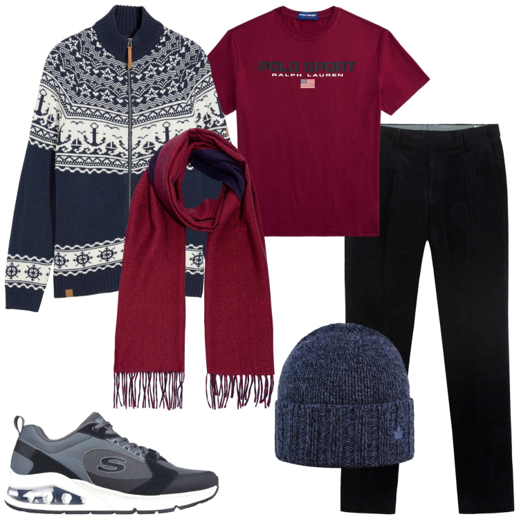 Outfit uomo - Maglione delle feste. Stile Casual per Tutti i giorni. Abbinamento con cardigans, cappelli, t-shirt, sneakers, sciarpe, pantaloni.