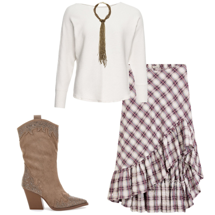 Outfit donna - Gonna scozzese. Stile Casual chic per Serata fuori. Abbinamento con maglieria, gonne, collane, stivali.