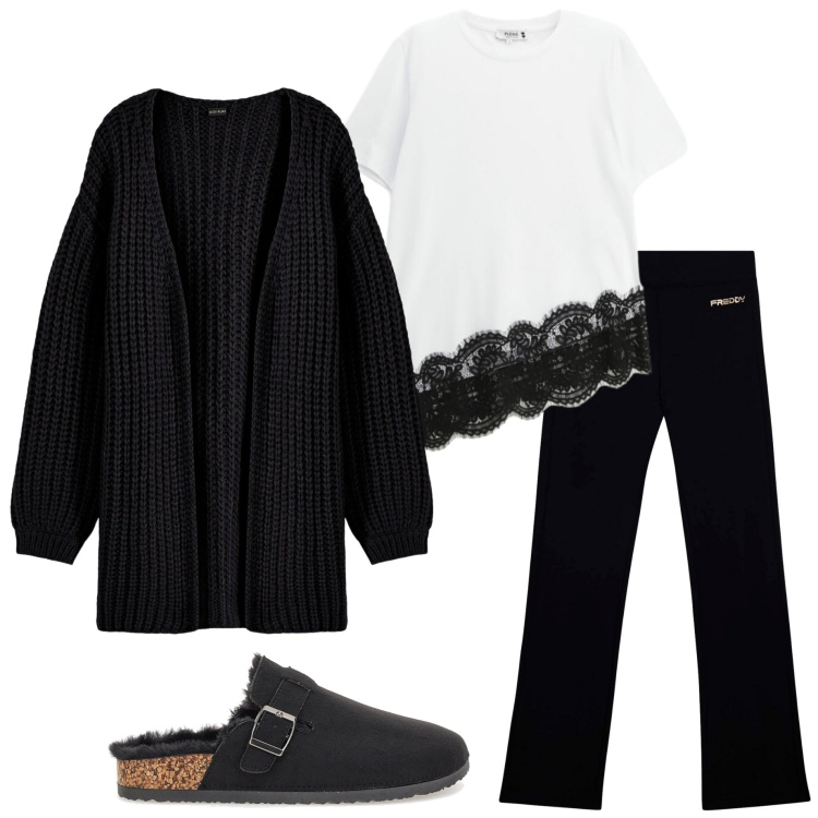 Outfit donna - Relax at home. Stile Basic per Tutti i giorni. Abbinamento con cardigans, t-shirt, leggings, pantofole.