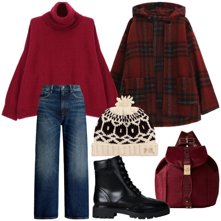 Outfit donna - Outfit natalizio. Stile Casual chic per Tutti i giorni. Abbinamento con caban, maglieria, zaini, anfibi, berretti, jeans.