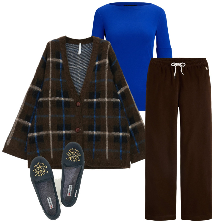 Outfit donna - Relax at home. Stile Basic per Tutti i giorni. Abbinamento con cardigans, pantaloni sportivi, t-shirt, pantofole.