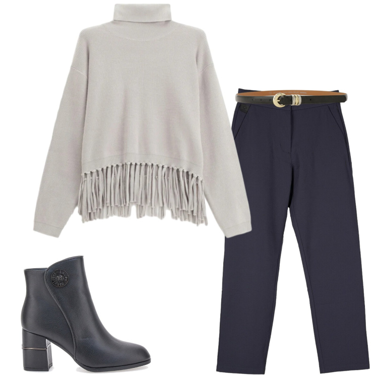 Outfit donna - Maglione morbido. Stile Casual chic per Ufficio. Abbinamento con maglieria, cinture, pantaloni chino, stivaletti.