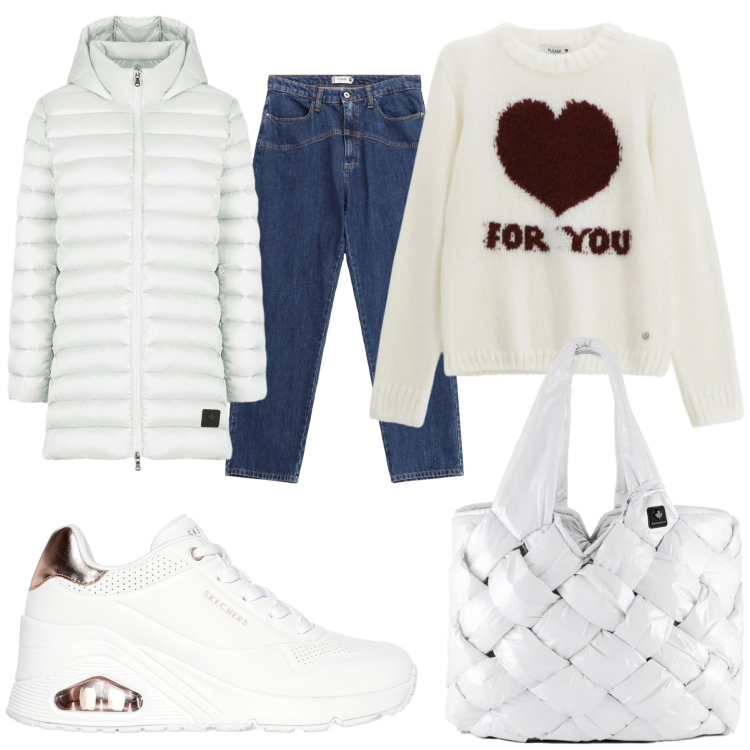 Outfit donna - Total look #2298367. Stile Trendy per Scuola/Università. Abbinamento con pullovers, jeans, piumini, borse tote, sneakers alte.