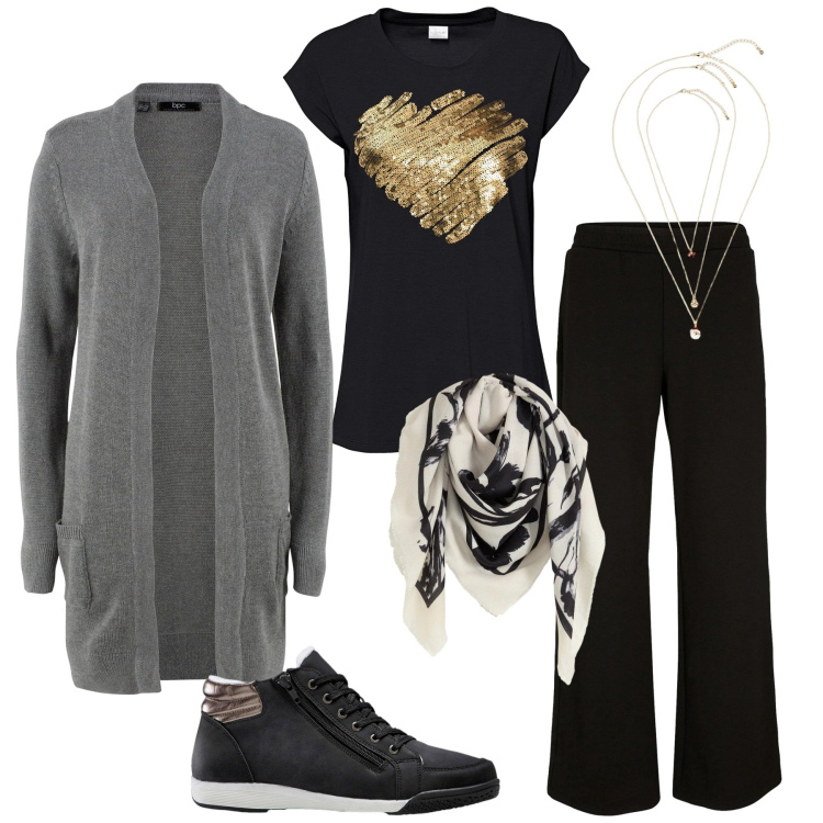 Outfit donna - Serata informale. Stile Basic per Serata fuori. Abbinamento con pantaloni a palazzo, cardigans, maglieria, foulard, sneakers alte, collane.