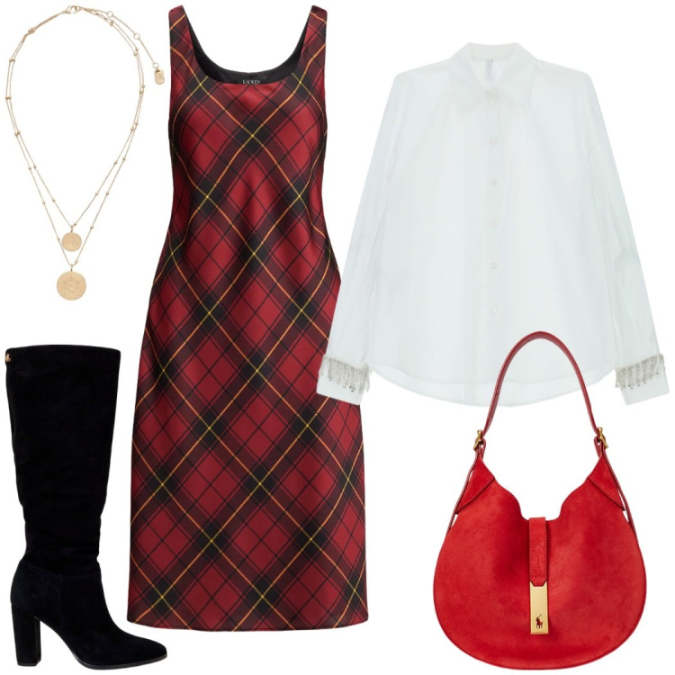 Outfit donna - Scozzese rivisitato. Stile Bon Ton per Serata fuori. Abbinamento con camicie, ciondoli, stivali, borse a spalla, vestiti senza maniche.