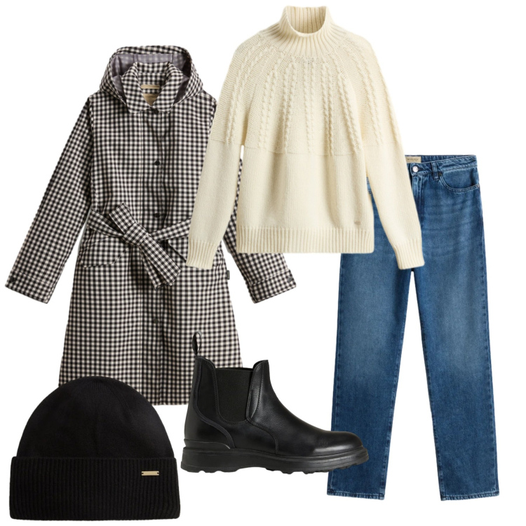 Outfit donna - Holiday Heritage. Stile Casual chic per Tutti i giorni. Abbinamento con trench, stivaletti, maglieria, berretti, jeans.