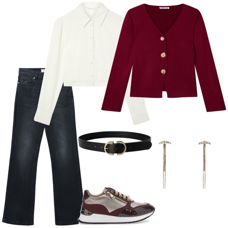 Outfit donna - Pranzo con i familiari. Stile Casual per Tutti i giorni. Abbinamento con camicie, jeans bootcut, orecchini, cinture, cardigans, sneakers alte.