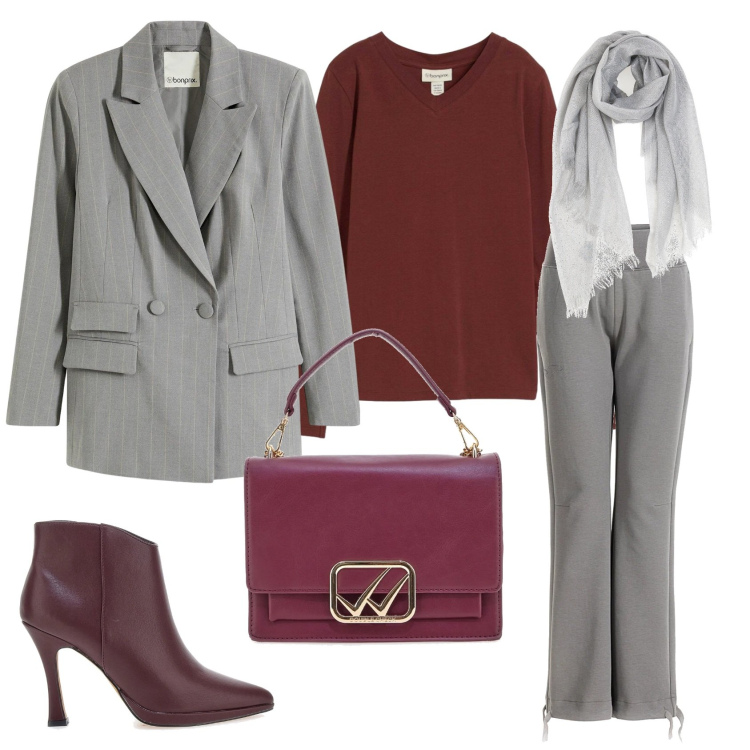 Outfit donna - Total look #2298383. Stile Chic per Ufficio. Abbinamento con maglieria, blazer, pantaloni, foulard, borse a tracolla, stivaletti.