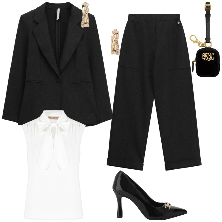 Outfit donna - Total look #2298384. Stile Chic per Serata fuori. Abbinamento con top, pantaloni, blazer, décolleté, orecchini, pochette.