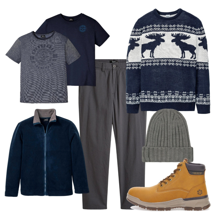 Outfit uomo - Mood natalizio!. Stile Casual per Tutti i giorni. Abbinamento con maglieria, t-shirt, giacche, pantaloni chino, berretti, stivali e stivaletti.