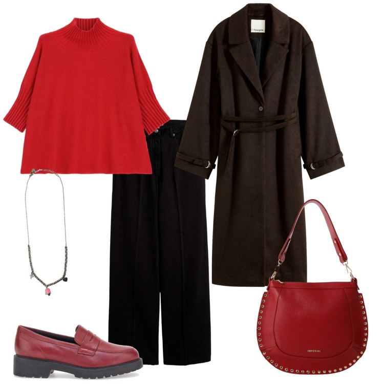 Outfit donna - Total look #2298386. Stile Casual chic per Ufficio. Abbinamento con pantaloni, cappotti, borse a spalla, maglieria, ciondoli, mocassini.