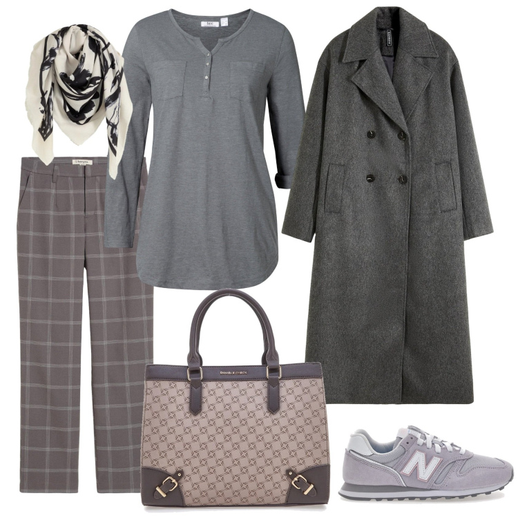 Outfit donna - Total look #2298388. Stile Minimal per Tutti i giorni. Abbinamento con maglieria, foulard, pantaloni chino, cappotti, borse a tracolla, sneakers.