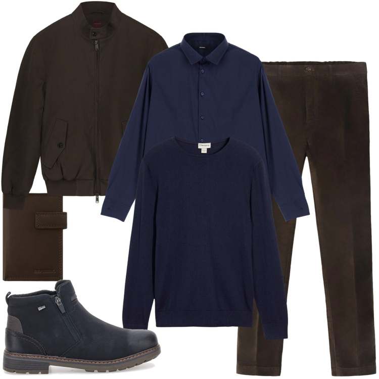 Outfit uomo - Diciembre: il mese del maglione. Stile Casual per Serata speciale. Abbinamento con maglieria, camicie, portafogli, bomber, stivali e stivaletti, pantaloni.