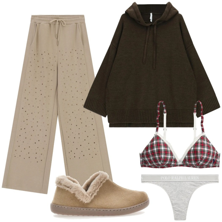 Outfit donna - Relax con stile. Stile Casual chic per Tutti i giorni. Abbinamento con pantaloni, maglieria, reggiseni, perizomi, pantofole.