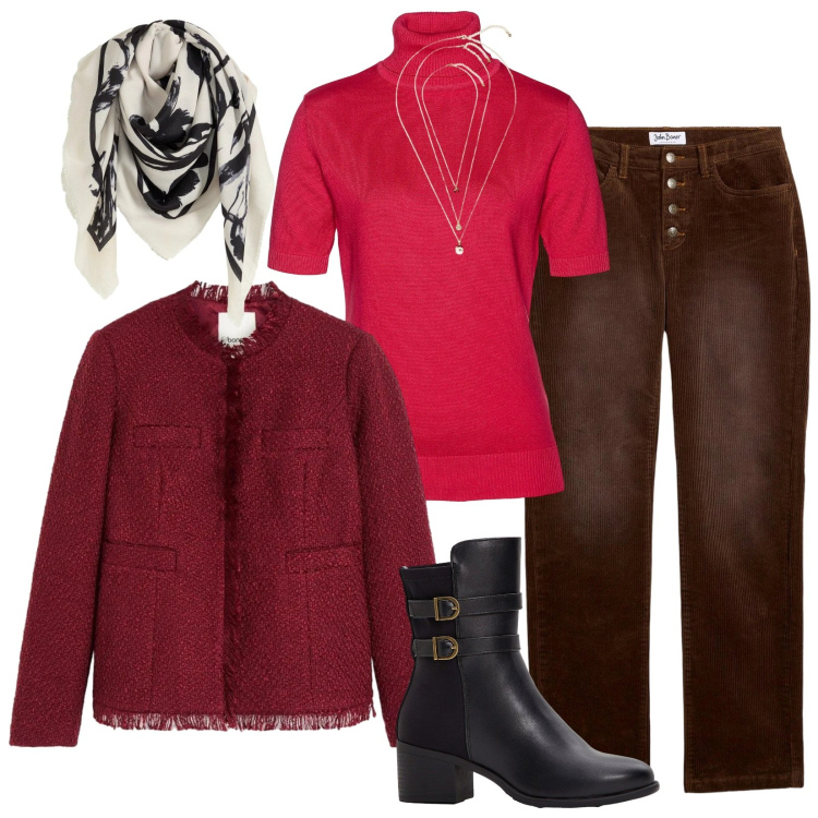 Outfit donna - Sfumature di rosso. Stile Bon Ton per Tutti i giorni. Abbinamento con cappotti, foulard, pantaloni, maglieria, stivaletti, collane.