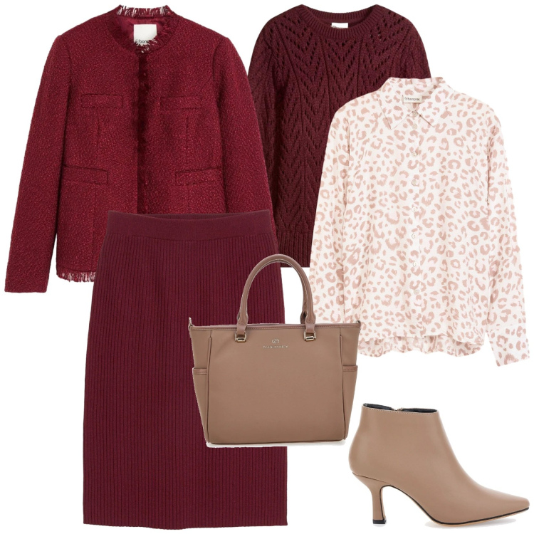 Outfit donna - Bordeaux. per Tutti i giorni. Abbinamento con cappotti, maglieria, gonne, camicie, stivaletti, borse a tracolla.
