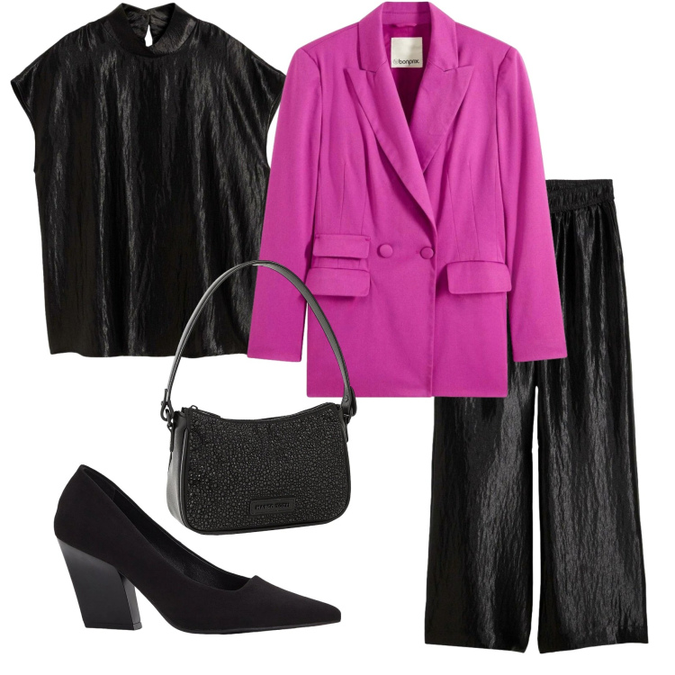 Outfit donna - Party con giacca fucsia in primo piano. Stile Chic per Serata fuori. Abbinamento con top, décolleté, blazer, borse a mano, pantaloni a palazzo.
