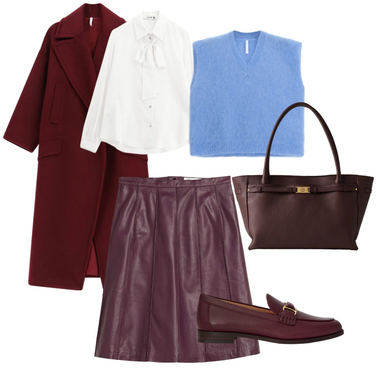 Outfit donna - In ufficio. per Ufficio. Abbinamento con gonne, camicie, cappotti, maglieria, shopping bag, mocassini.