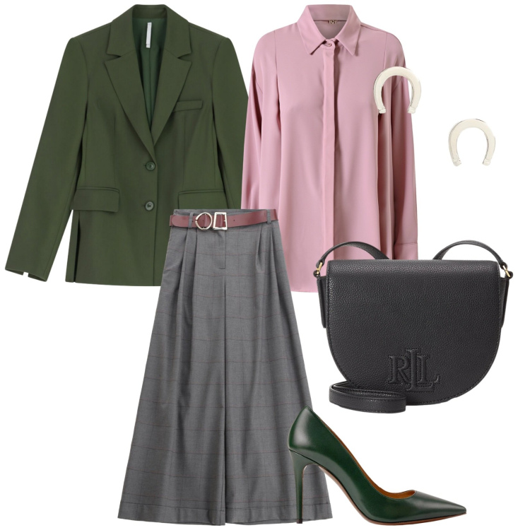 Outfit donna - Colloquio di lavoro. per Ufficio. Abbinamento con camicie, pantaloni, blazer, décolleté, orecchini, borse a tracolla.