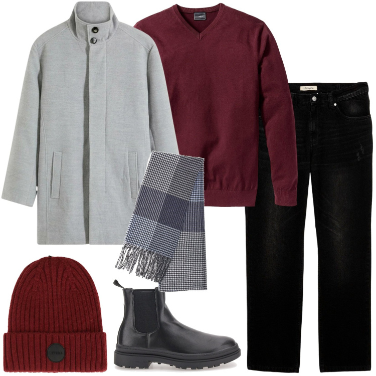 Outfit uomo - Total look #2298421. Stile Casual per Tutti i giorni. Abbinamento con maglieria, jeans, cappotti, berretti, sciarpe, stivali e stivaletti.