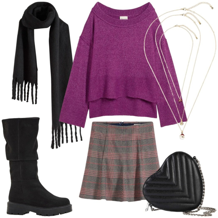 Outfit donna - Total look #2298422. Stile Preppy per Tutti i giorni. look ideale per Petite. Abbinamento con maglieria, borse a tracolla, minigonne, sciarpe, collane, stivali.