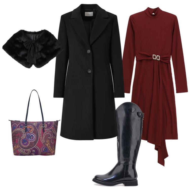Outfit donna - In città. Stile Chic per Tutti i giorni. Abbinamento con cappotti, stole, vestiti midi/longuette, borse tote, stivali.