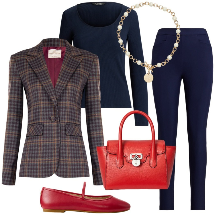 Outfit donna - Aperitivo di lavoro. Stile Casual chic per Ufficio. Abbinamento con blazer, pantaloni, collane, borse a mano, ballerine, t-shirt.