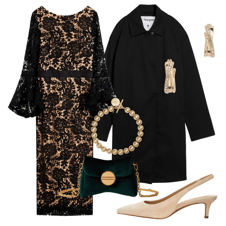 Outfit donna - Splendida Curvy!. Stile Glamour per Serata fuori. Abbinamento con trench, vestiti, borse a tracolla, orecchini, braccialetti, décolleté.