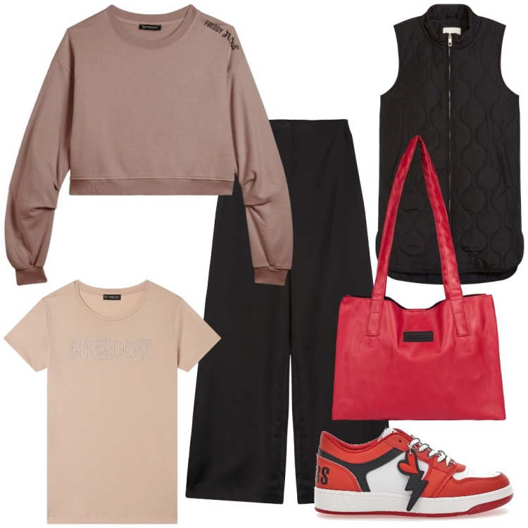 Outfit donna - Shopping in centro. Stile Sporty chic per Tutti i giorni. Abbinamento con piumini, shopping bag, felpe, t-shirt, pantaloni a palazzo, sneakers.