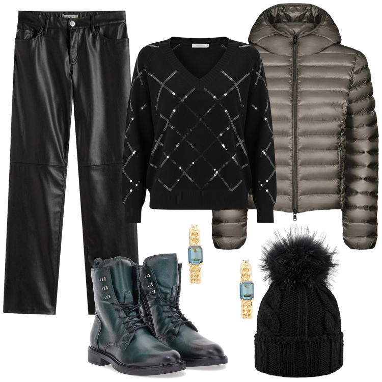 Outfit donna - Berretto di lana con pon pon. Stile Rock per Serata fuori. Abbinamento con pantaloni, maglieria, orecchini, bomber, berretti, anfibi.