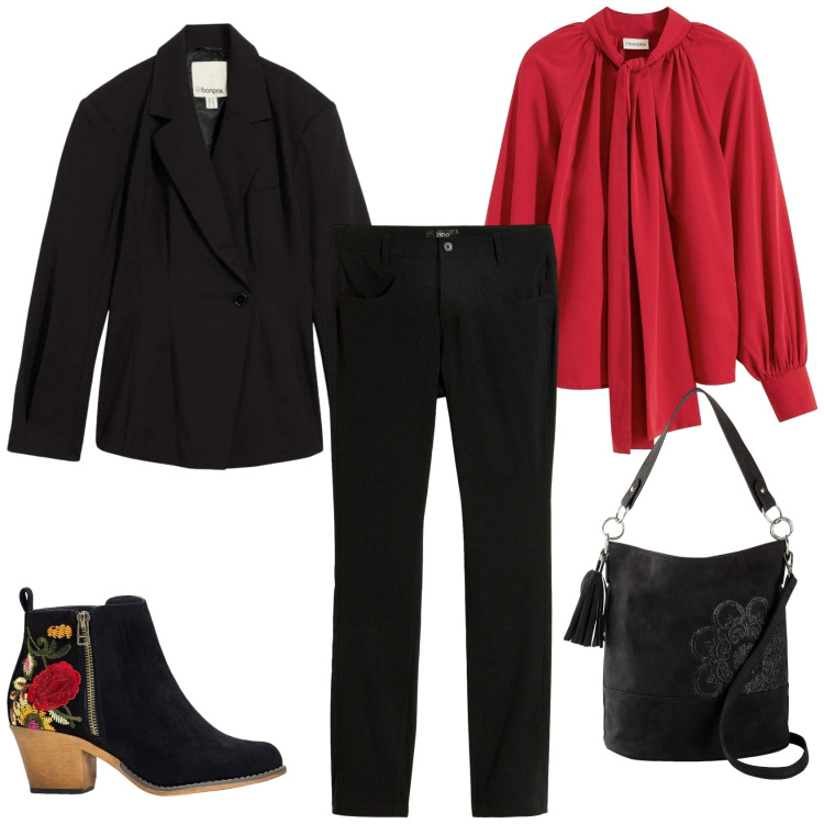 Outfit donna - Rosso di sera. Stile Casual chic per Serata fuori. Abbinamento con borse a mano, stivaletti, camicie, pantaloni, blazer.