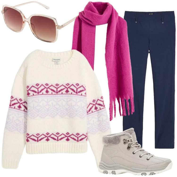 Outfit donna - Winter look. Stile Casual per Tutti i giorni. Abbinamento con pantaloni, stivaletti, maglieria, sciarpe, occhiali da sole.
