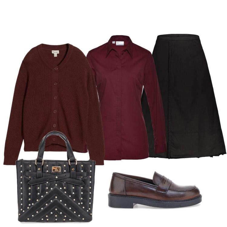 Outfit donna - Total look #2298438. Stile Bon Ton per Ufficio. Abbinamento con cardigans, camicie, gonne lunghe, borse a mano, mocassini.