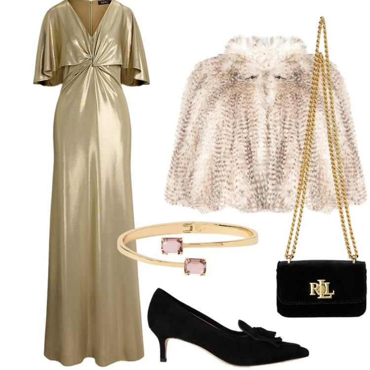 Outfit donna - Invito all\' opera. Stile Glamour per Cerimonia. Abbinamento con ecopellicce, vestiti, pochette, braccialetti, décolleté.