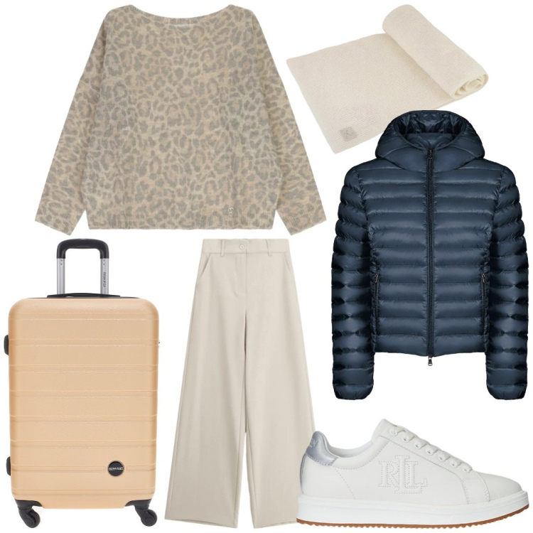 Outfit donna - Vacanze fuori città. Stile Sporty chic per Tutti i giorni. Abbinamento con maglieria, pantaloni a palazzo, sneakers, bomber, sciarpe, valigie.