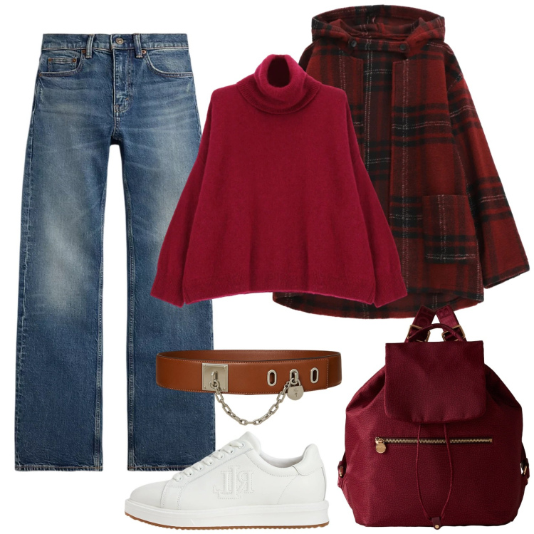 Outfit donna - Rosso caldo. Stile Casual per Tutti i giorni. Abbinamento con caban, maglieria, zaini, sneakers, jeans bootcut, cinture.