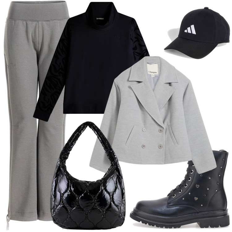 Outfit donna - Passeggiando. Stile Sporty chic per Sport. Abbinamento con caban, felpe, borse tote, pantaloni, anfibi, cappelli con visiera.