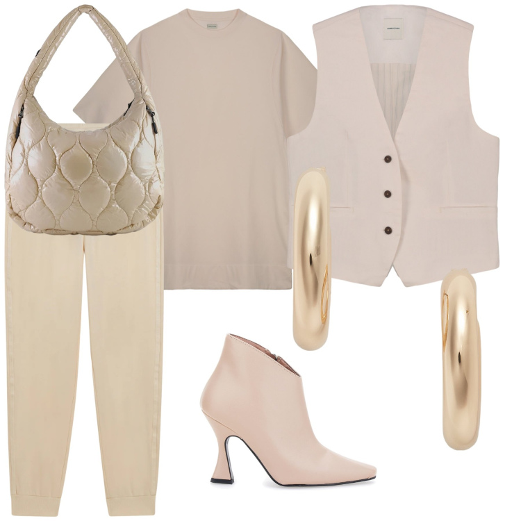 Outfit donna - Neutrale. Stile Basic per Ufficio. Abbinamento con pantaloni, orecchini, borse tote, stivaletti, vestiti lunghi, gilet.