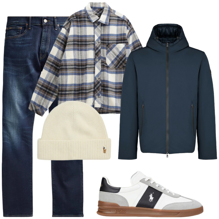 Outfit uomo - Week end in relax. Stile Casual per Tutti i giorni. Abbinamento con camicie, parka, jeans, sneakers, berretti.