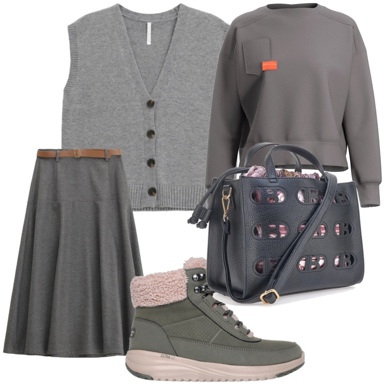 Outfit donna - Grey mood. Stile Sporty chic per Tutti i giorni. Abbinamento con gonne lunghe, gilet, anfibi, felpe, borse a mano.