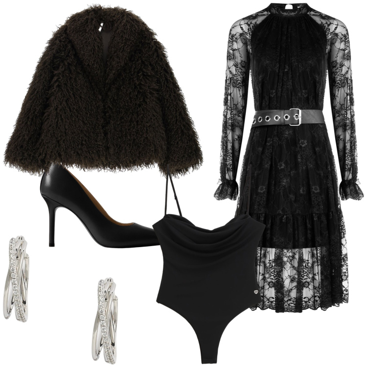 Outfit donna - Teatro. Stile Glamour per Serata fuori. Abbinamento con body, vestiti midi/longuette, ecopellicce, orecchini, décolleté.