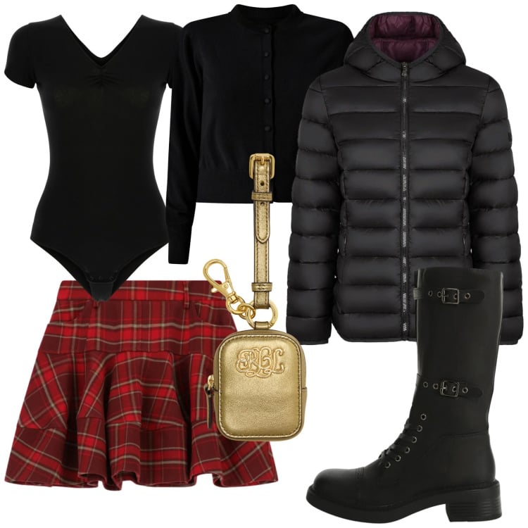 Outfit donna - Una minigonna scozzese. Stile Preppy per Tutti i giorni. Abbinamento con cardigans, minigonne, stivali, body, pochette, blazer.