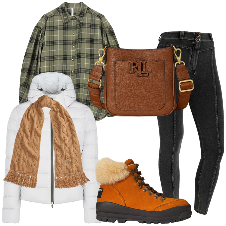 Outfit donna - Sportiva mixata. Stile Casual per Tutti i giorni. Abbinamento con camicie, jeggings, stivaletti, sciarpe, borse a tracolla, piumini.